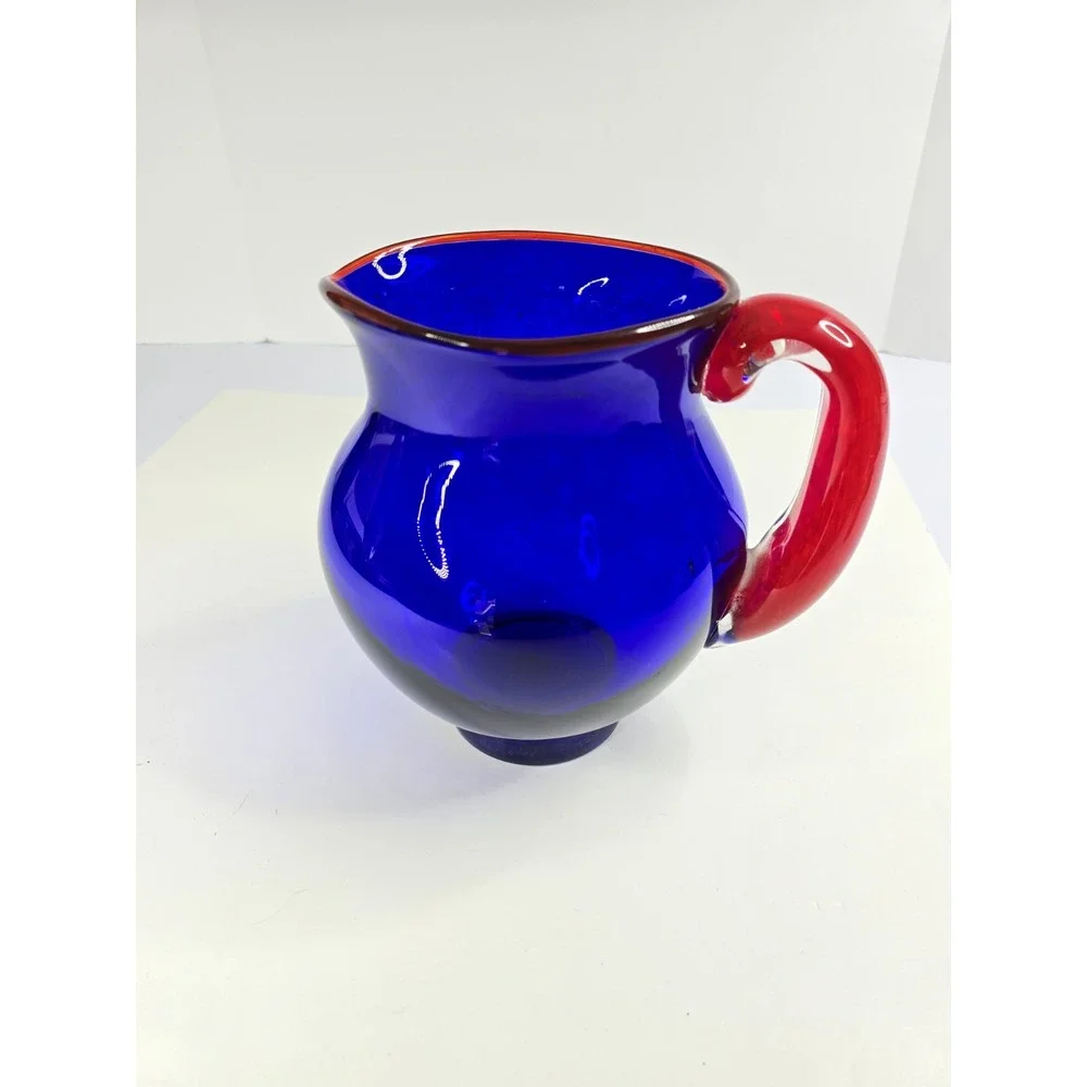 GATHERING COBALT BLUE RED‎ GLASS ROUND LARGE PITCHER HAND BLOWN KITCHEN VASE